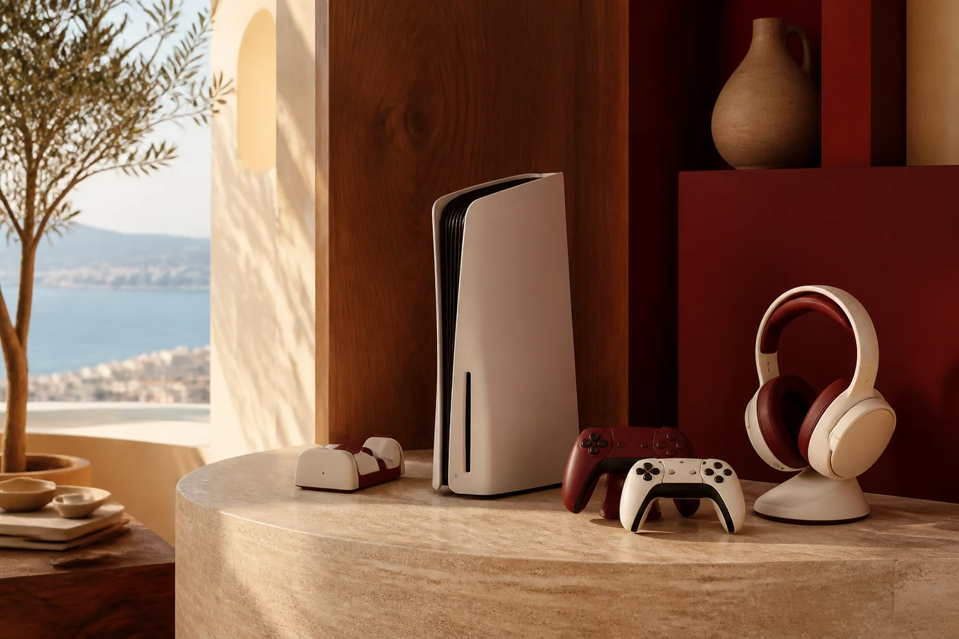 Ivory fictional console with red and cream controllers and headset