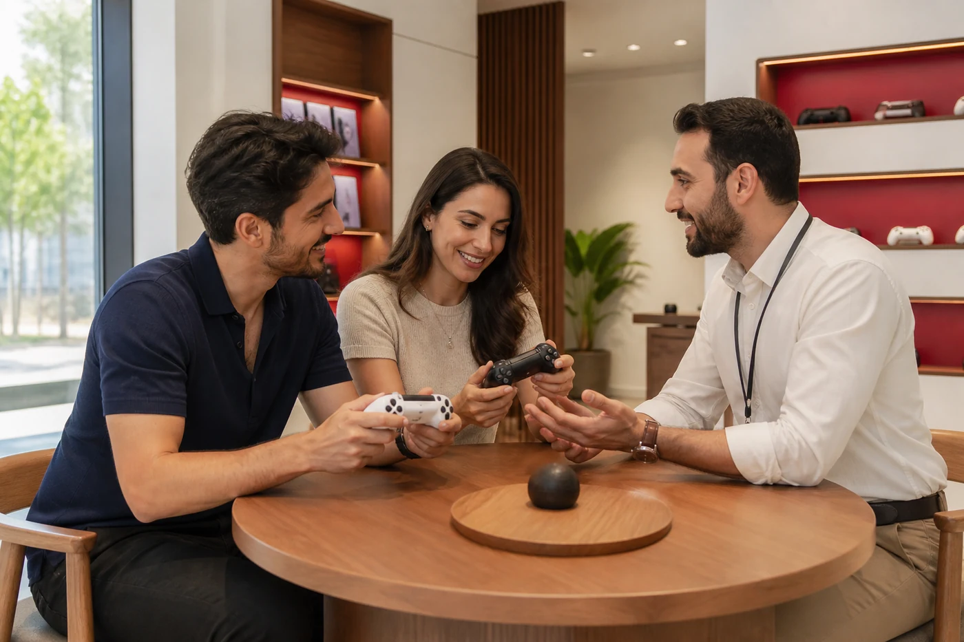 Adult couple comparing console controllers with an Izmir store specialist